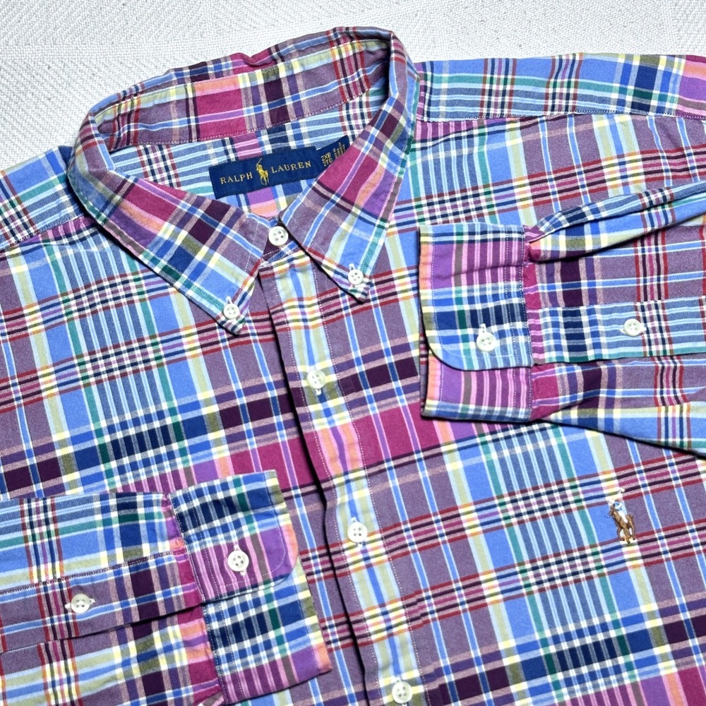 Ralph Lauren Button Down Shirt Men 2XB Multi-Color Madras Paid Flesh Pony Oxford